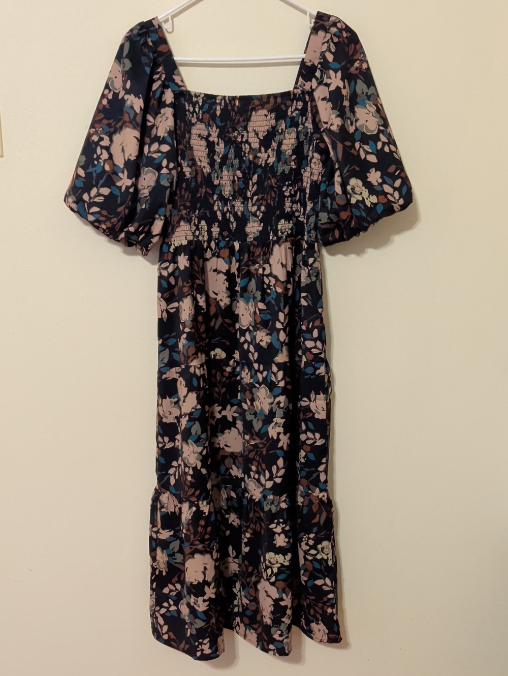THML Black Floral Smocked Midi Dress with Puff Sleeves